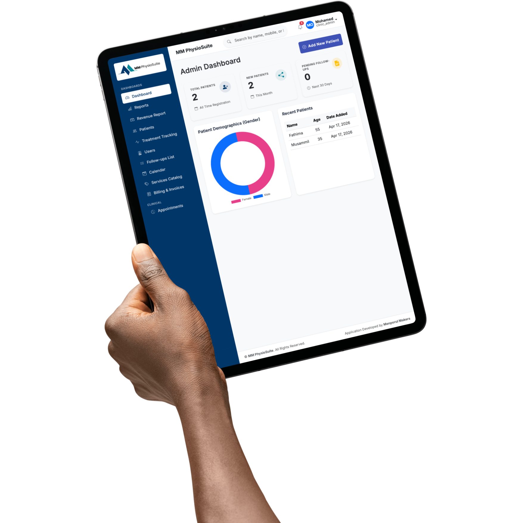 MM PhysioSuite Dashboard Preview on Tablet